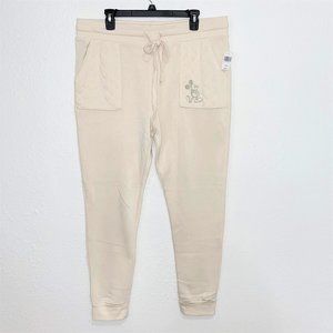 NWT Disney Women's Embroidered Mickey Mouse Drawstring Fleece Jogger Cream XL